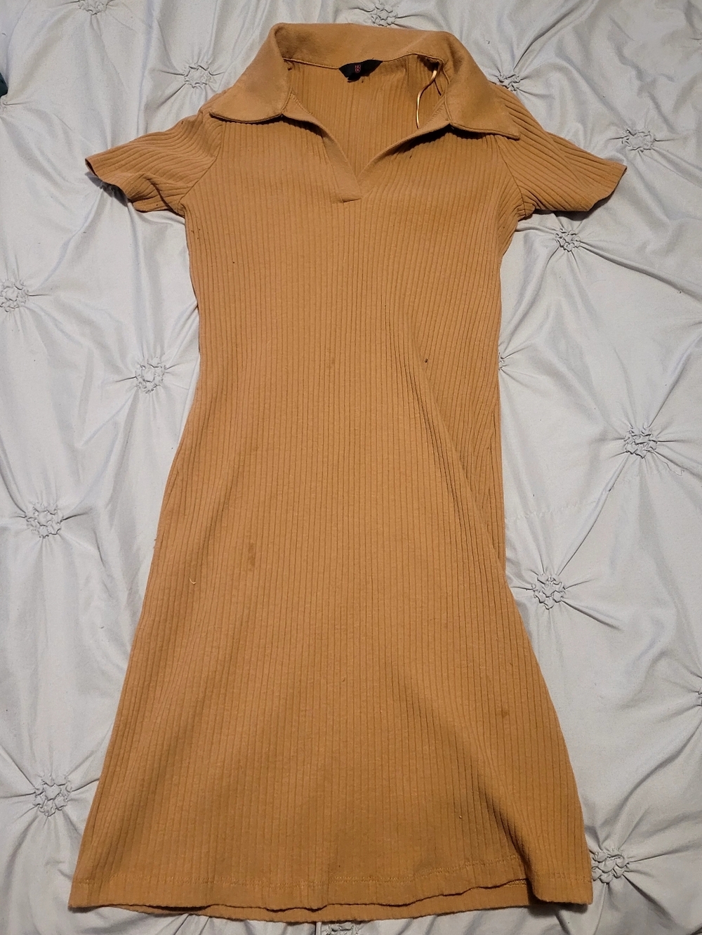 NOBO Ribbed Polo-Collar Midi Dress in Camel
